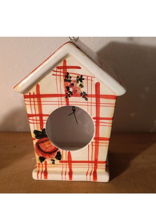 Other - Hand-Painted Ceramic Birdhouse with Red Plaid and Floral Accents
